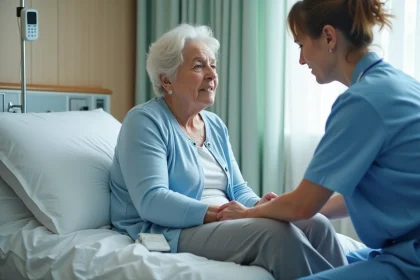 Femme &acirc;g&eacute;e en lit hospitalier avec soignant v&eacute;rifiant son ulc&egrave;re