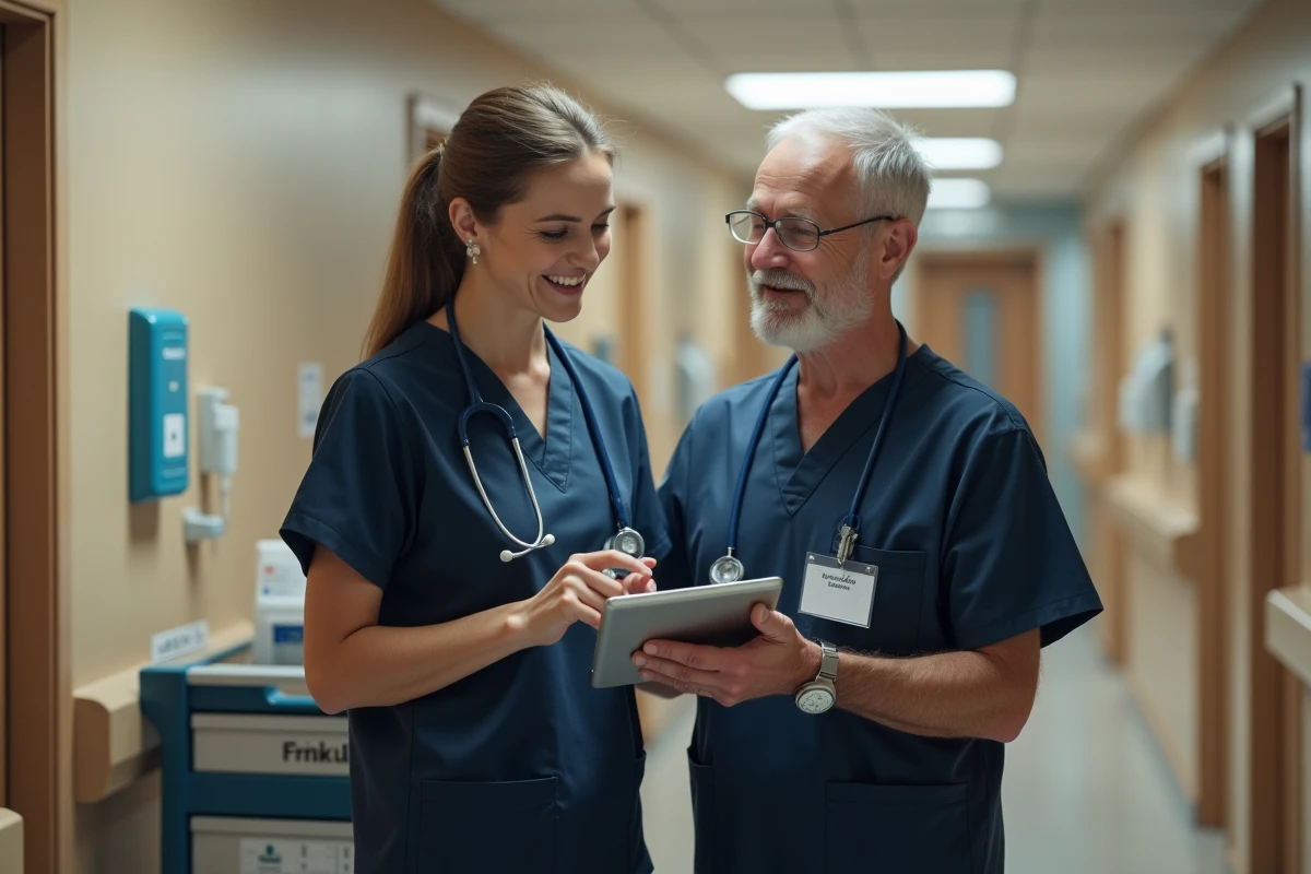 Deux soignants échangeant les transmissions de fin de poste sur une tablette numérique dans un couloir hospitalier