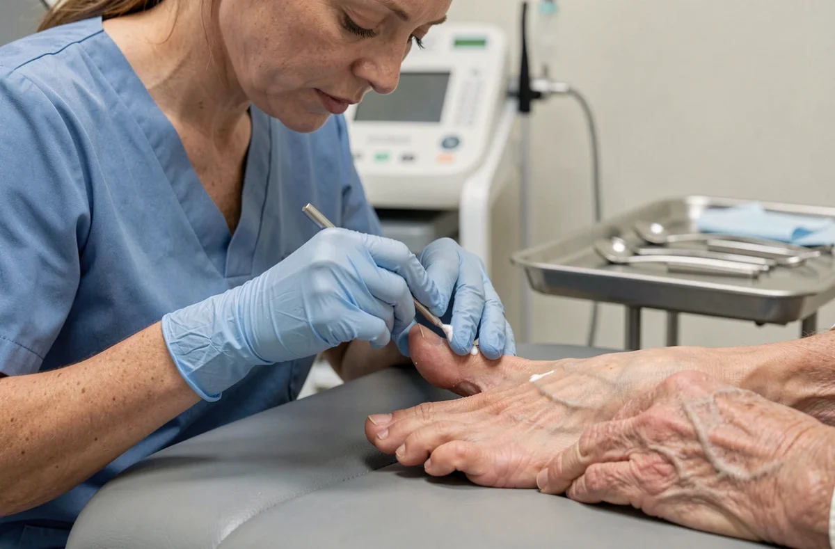 Podologue appliquant une crème hydratante sur des ongles de pieds épais lors d'un soin podologique