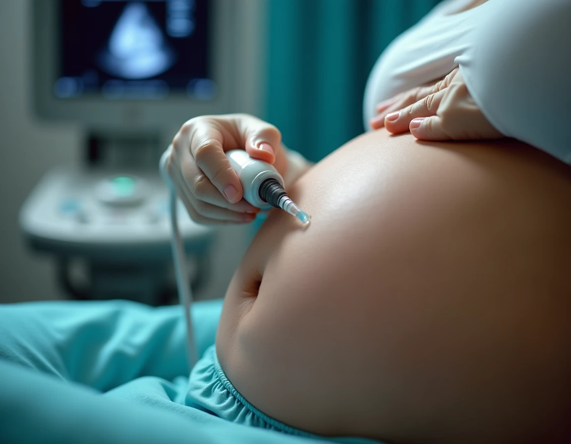 Gros plan d'une sonde échographique appliquée sur l'abdomen d'une femme enceinte avec du gel, lors d'un examen échographique prénatal