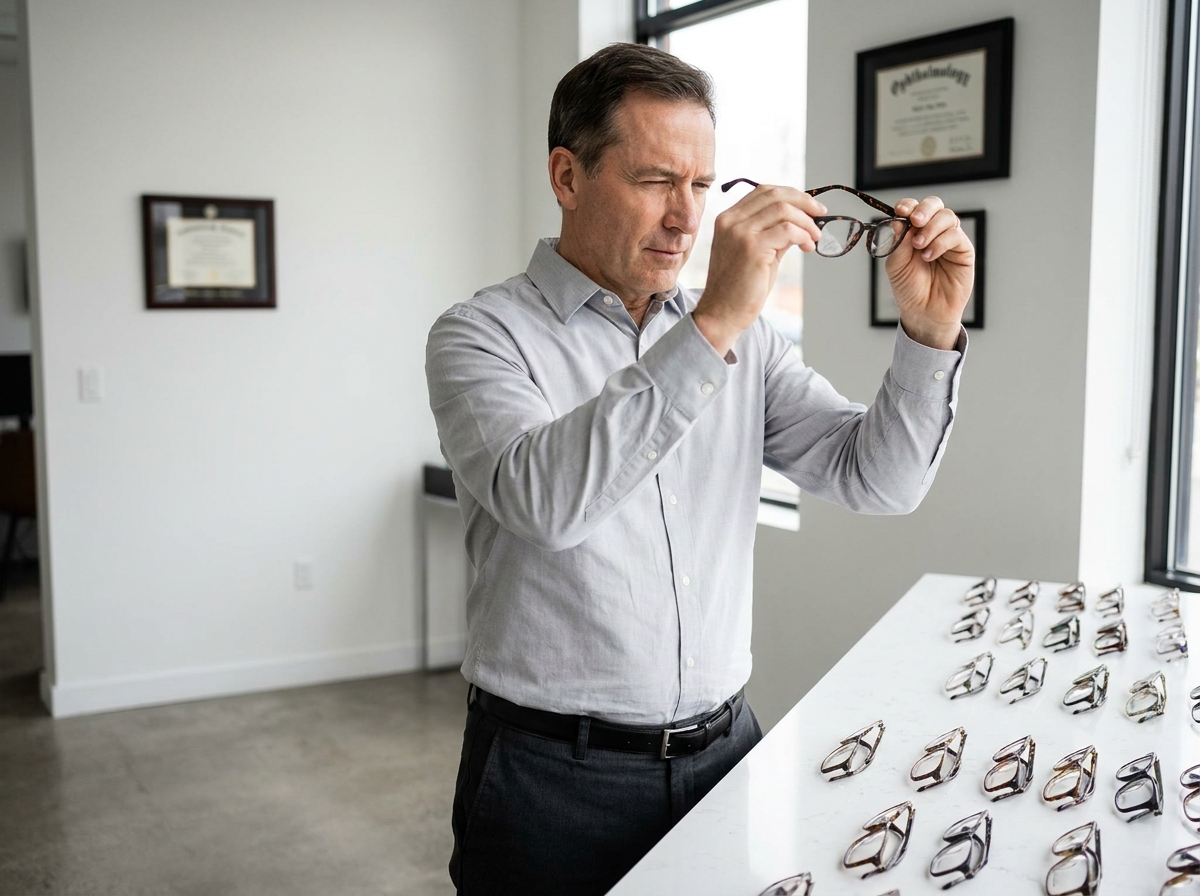 Spécialiste en optique examinant des montures de lunettes posées sur un comptoir dans une clinique ophtalmologique minimaliste