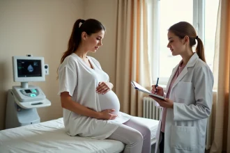 Femme enceinte lors d'une consultation de suivi médical avec une gynécologue dans un cabinet médical moderne
