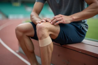 Coureur appliquant un taping kinésiologique sur le mollet avant une course à pied sur piste