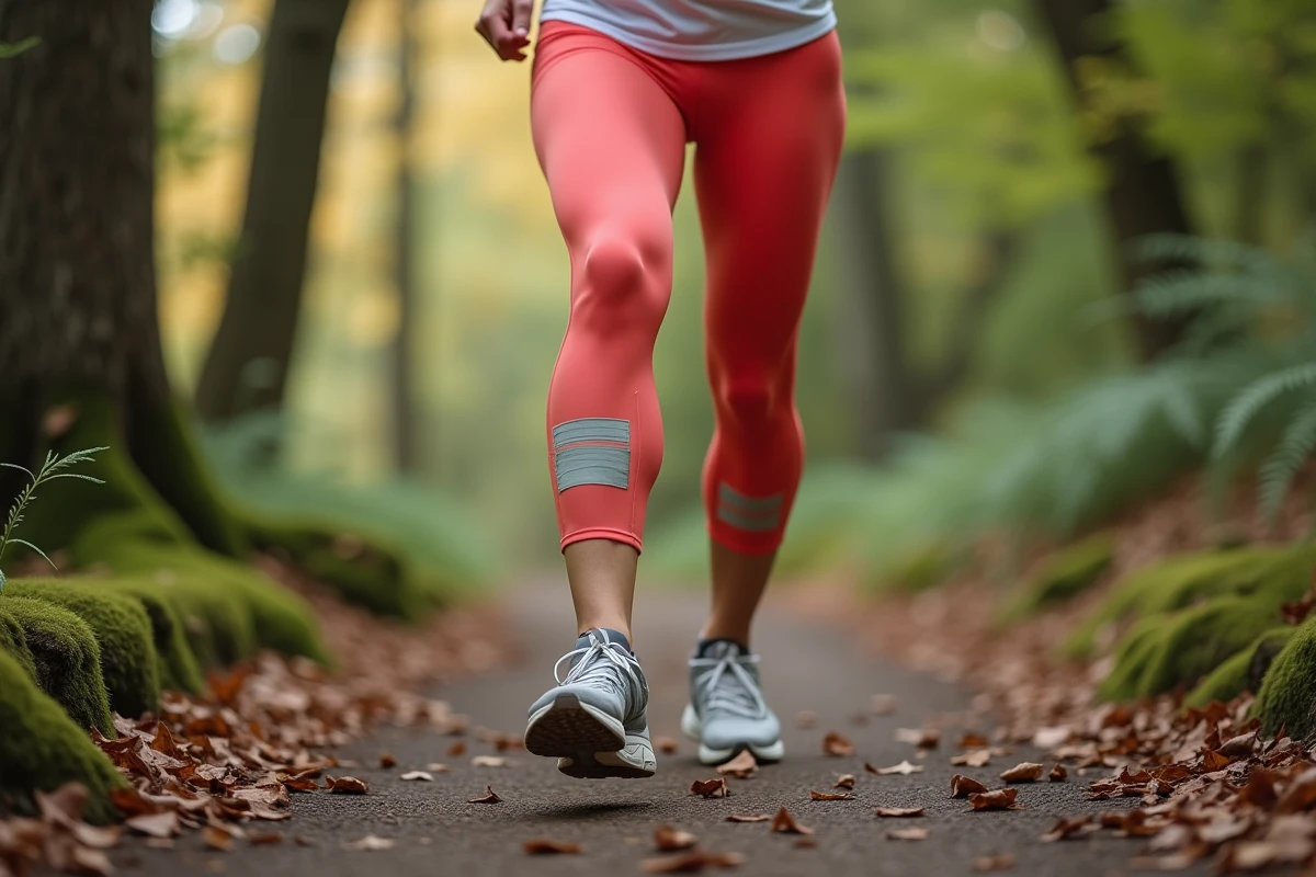 Coureuse avec taping mollet sur sentier forestier montrant le strapping kinésiologique en situation de trail