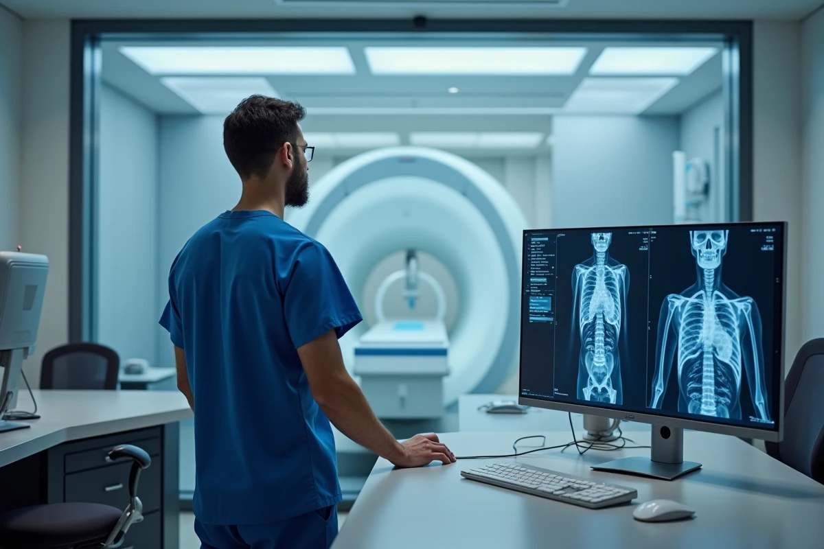 Technicien radiologue devant un écran d'IRM dans une salle de contrôle médicale moderne