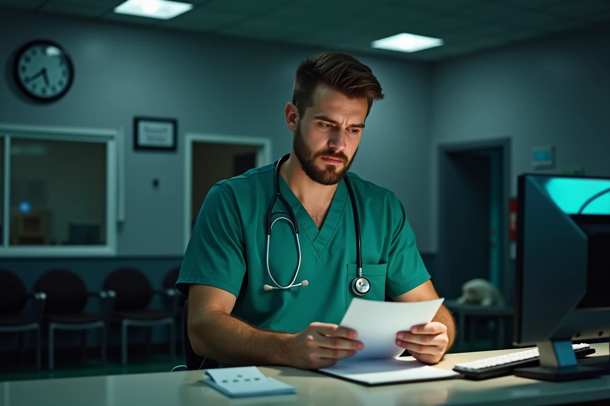 Technicien vétérinaire consultant le planning des gardes et astreintes le soir dans une clinique
