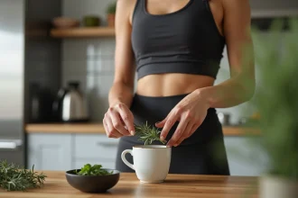 Femme préparant une tisane de romarin dans une cuisine moderne