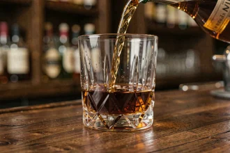 Verre de whisky ambré versé lentement sur un comptoir en noyer sombre, illustrant la consommation d'alcool fort et la brûlure du palais