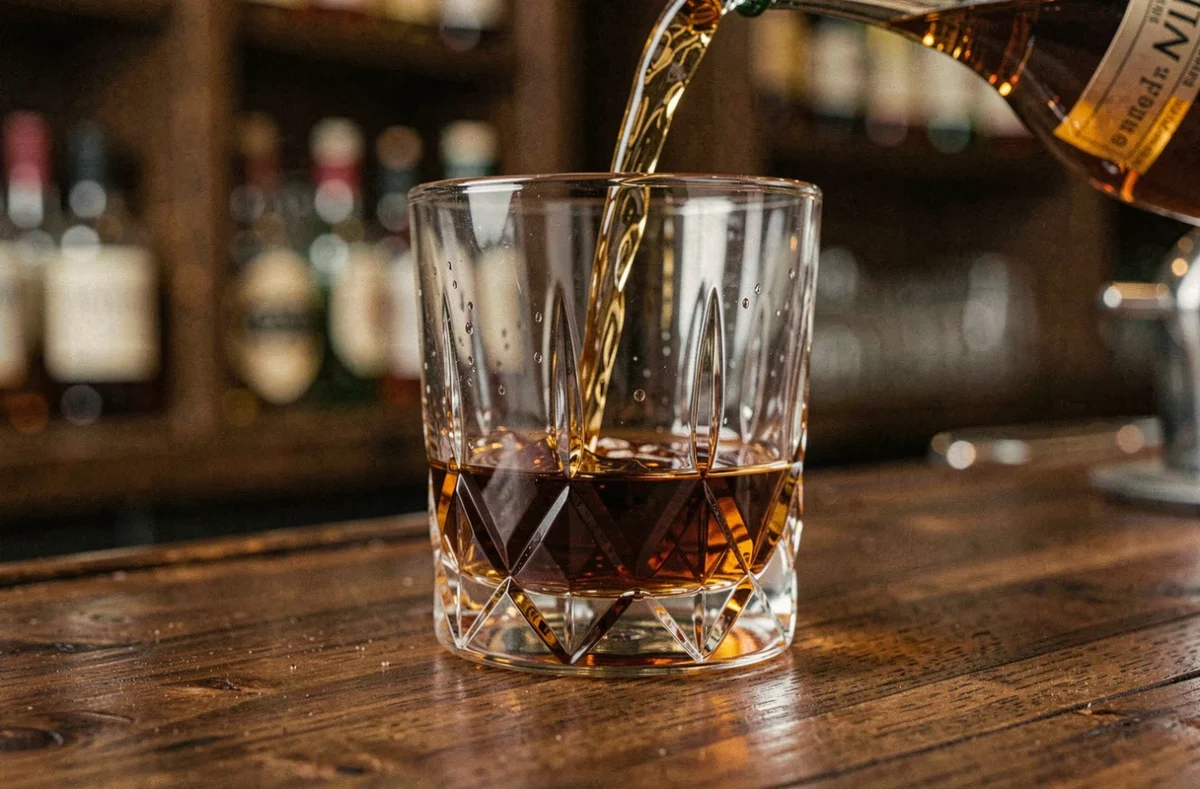 Verre de whisky ambré versé lentement sur un comptoir en noyer sombre, illustrant la consommation d'alcool fort et la brûlure du palais